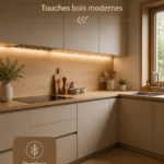 Une cuisine minimaliste avec des accents en bois moderne et une ambiance chaleureuse.