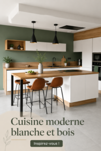 Cuisine moderne en bois et blanc, mettant en avant des éléments chaleureux et lumineux.