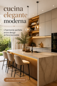 Cuisine moderne et élégante avec des éléments en bois et acier inoxydable.