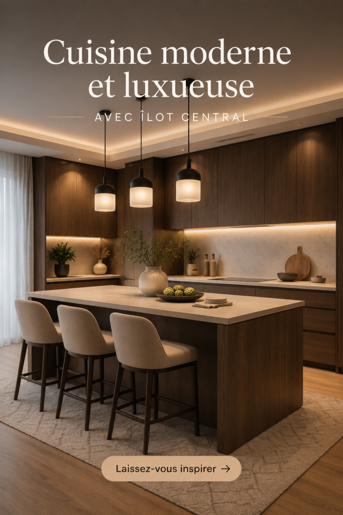 Cuisine moderne avec un îlot central en tons neutres et chaleureux