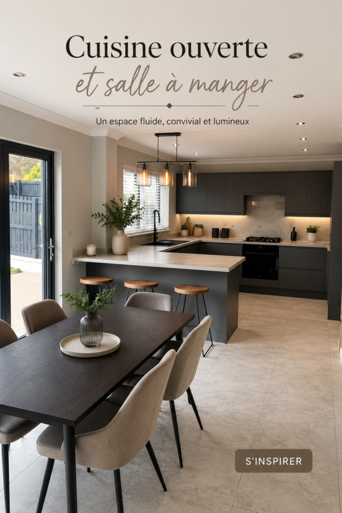 Cuisine ouverte moderne avec salle à manger intégrée, décor chaleureux et fonctionnel.
