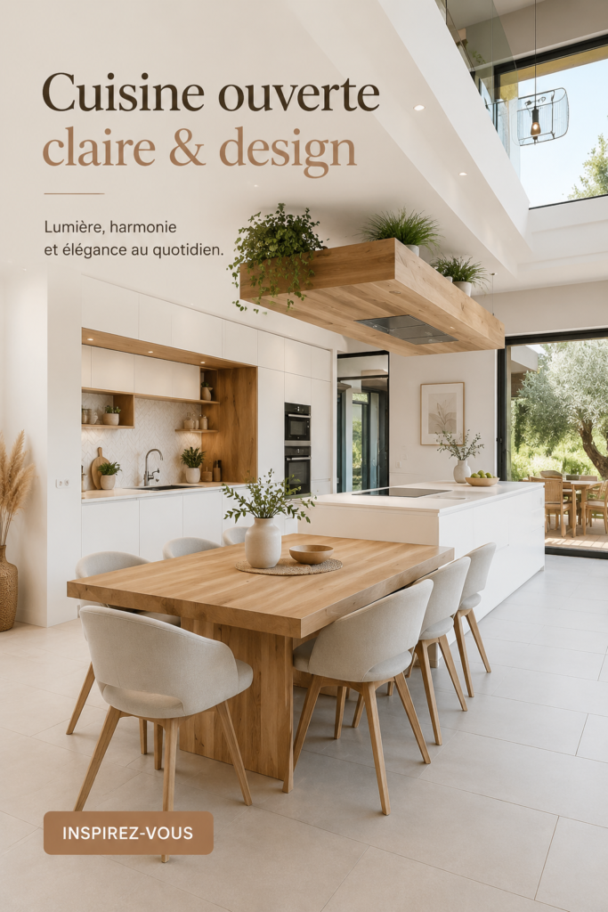 Cuisine ouverte moderne avec des couleurs claires et éclairage naturel