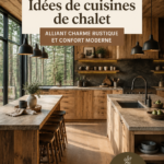 Cuisine de chalet moderne avec des matériaux naturels et une décoration chaleureuse.