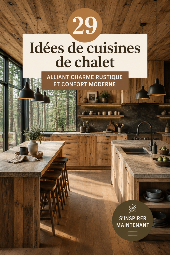 Cuisine de chalet moderne avec des matériaux naturels et une décoration chaleureuse.