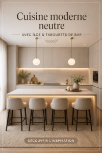 Une cuisine moderne avec un îlot central élégant et des tabourets confortables.