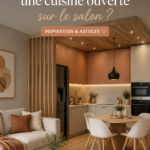 Cuisine ouverte sur salon avec une décoration moderne et chaleureuse.