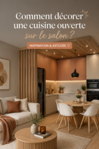 Cuisine ouverte sur salon avec une décoration moderne et chaleureuse.