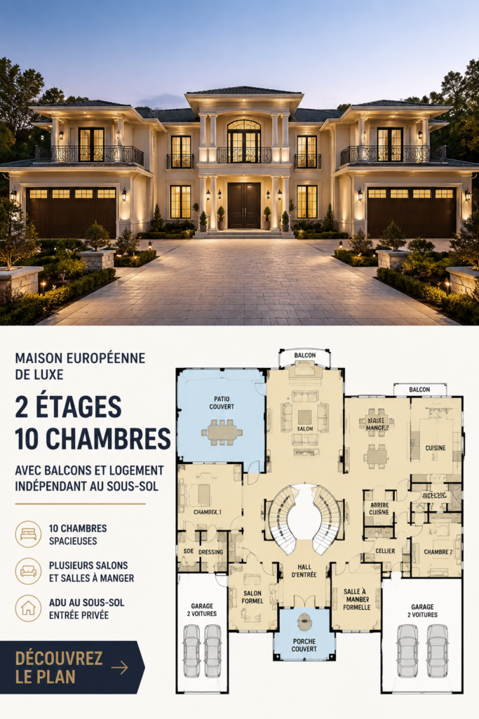 Maison de luxe européenne à deux étages avec balcons spacieux et jardin.