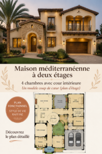 Vue extérieure d'une maison méditerranéenne à deux étages avec cour intérieure