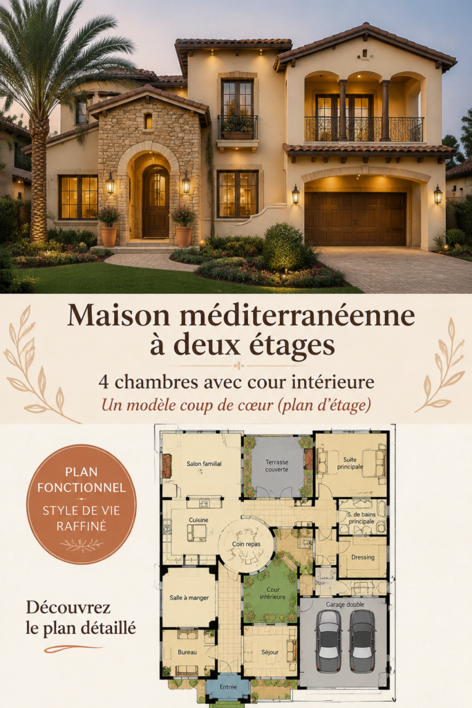Vue extérieure d'une maison méditerranéenne à deux étages avec cour intérieure