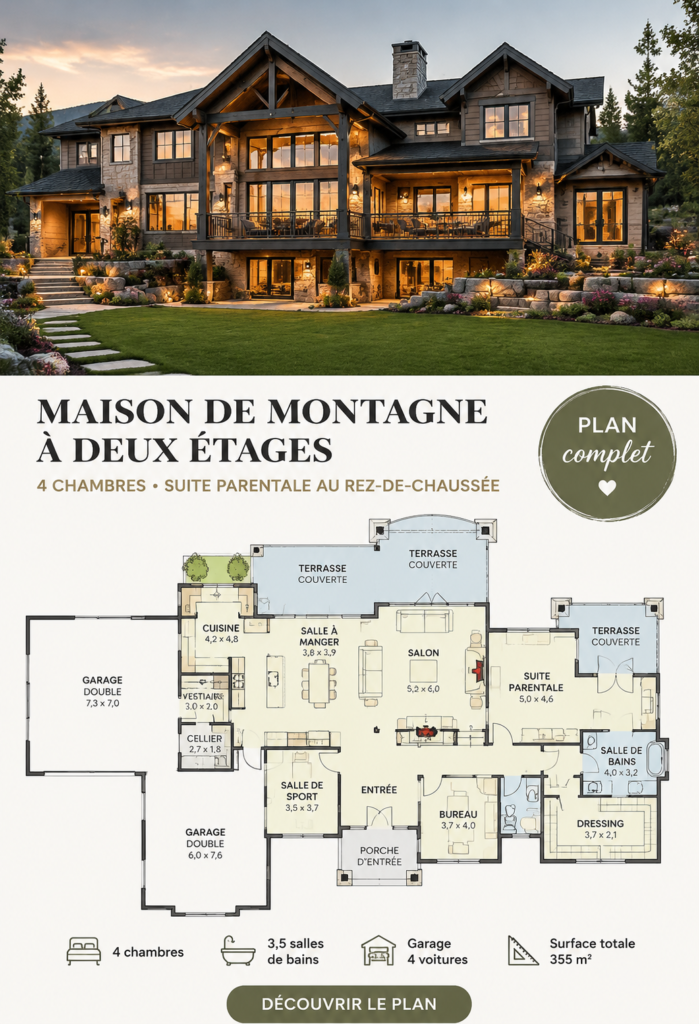 Une magnifique maison de montagne moderne avec une suite parentale au premier étage, entourée par la nature.