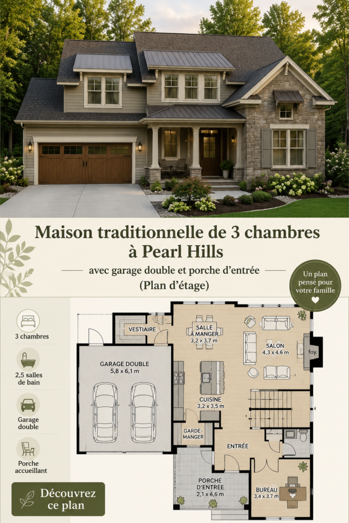 Maquette d'une maison traditionnelle avec garage et porche, idéale pour les familles.