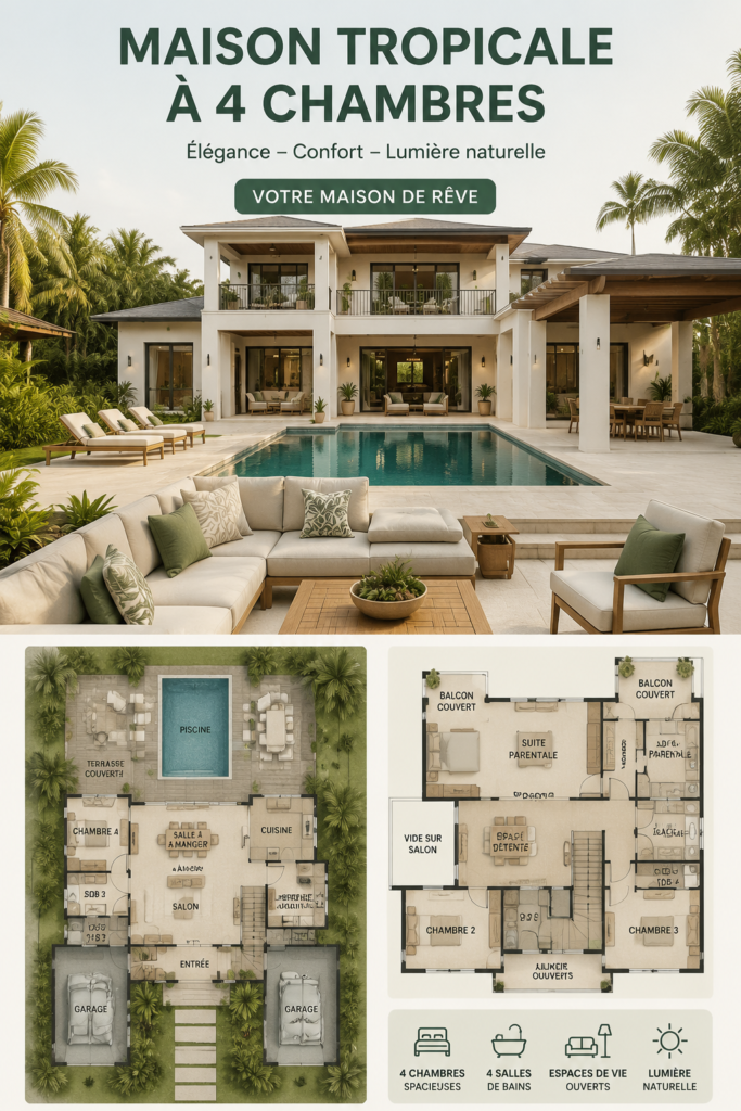 Maison à deux étages avec un design tropical, entourée de verdure.