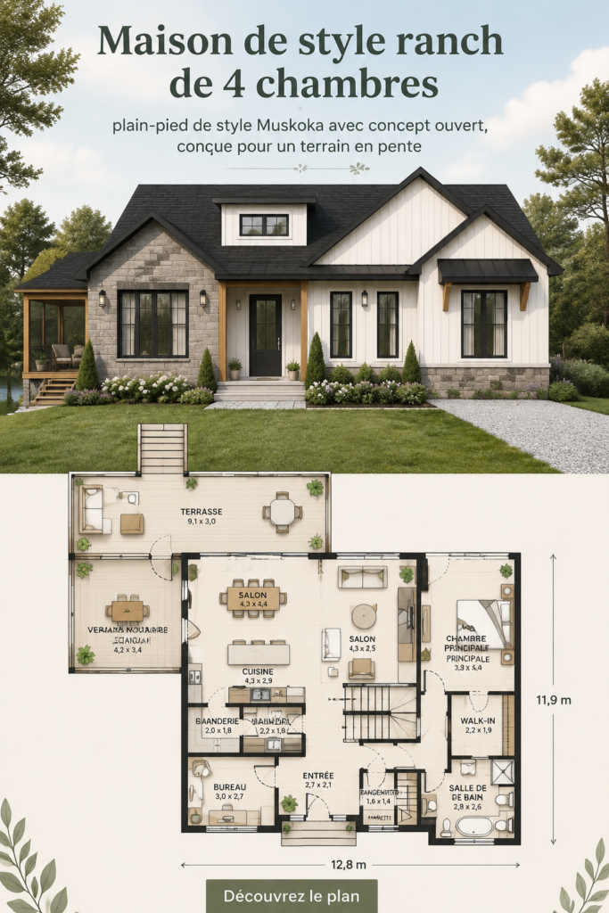 Vue d'une maison à un étage moderne sur un terrain en pente, offrant un design harmonieux.