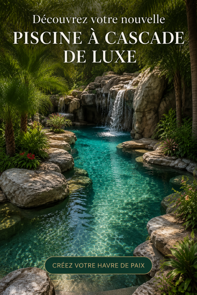 Image d'une piscine de luxe avec une cascade magnifiques dans un jardin