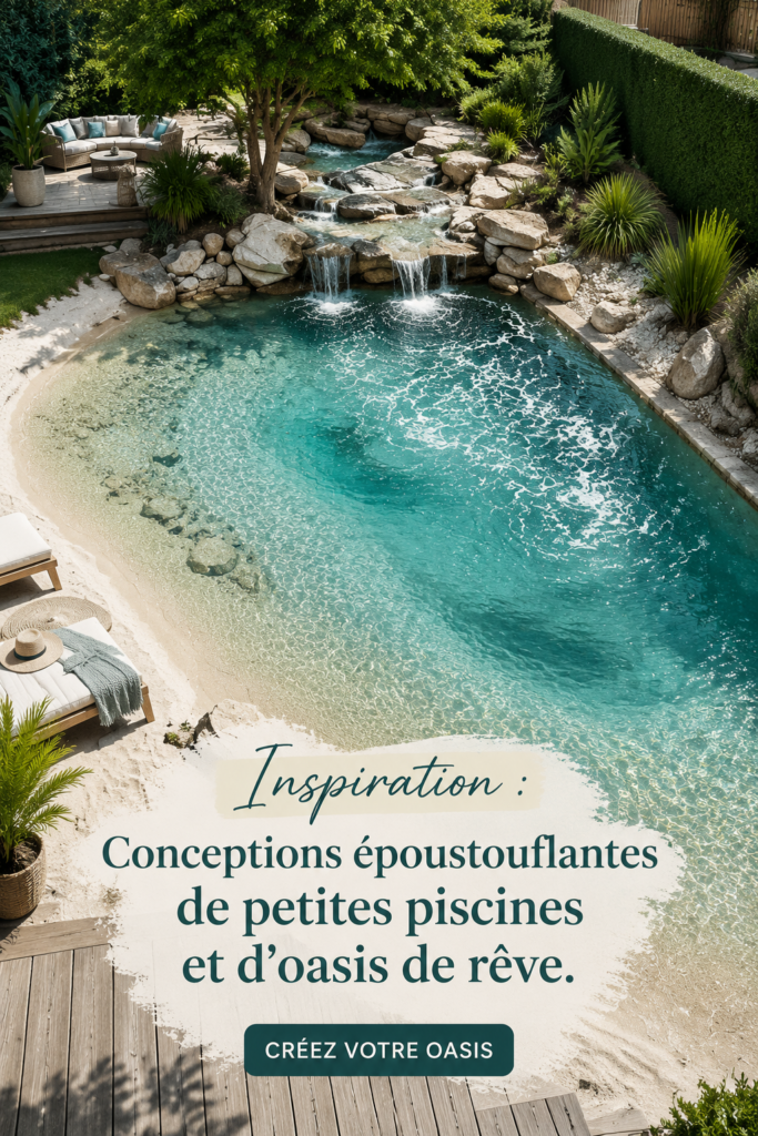Un jardin moderne avec une petite piscine entourée de verdure, créant un espace de détente.