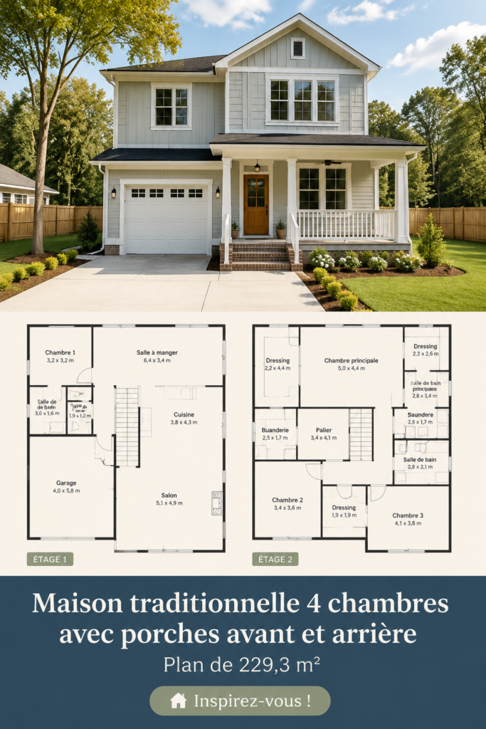 Plan de maison traditionnelle avec vérandas spacieuses et 4 chambres.