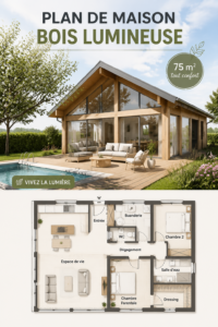 Plan d'une maison en bois lumineuse avec de grandes fenêtres