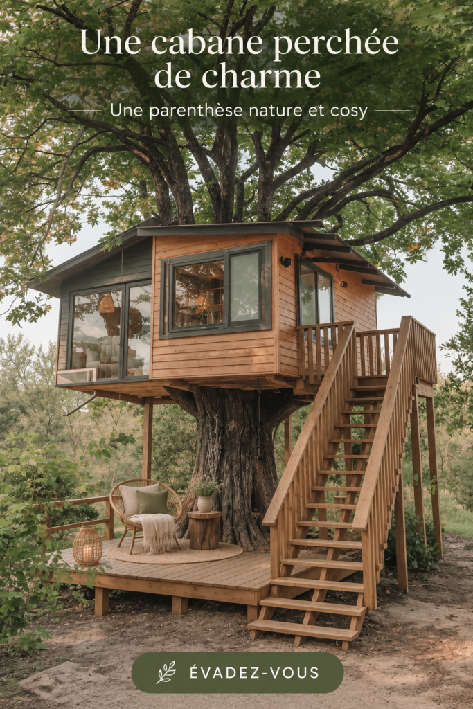 Une belle cabane perchée dans les arbres, invitant à l'évasion en pleine nature.