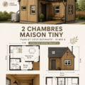 Tiny house moderne à deux chambres entourée de verdure.