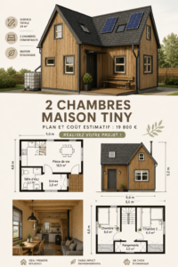 Tiny house moderne à deux chambres entourée de verdure.