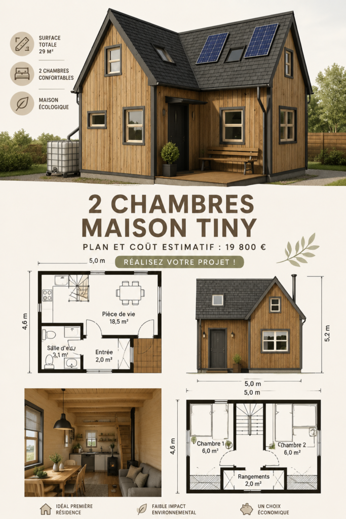 Tiny house moderne à deux chambres entourée de verdure.